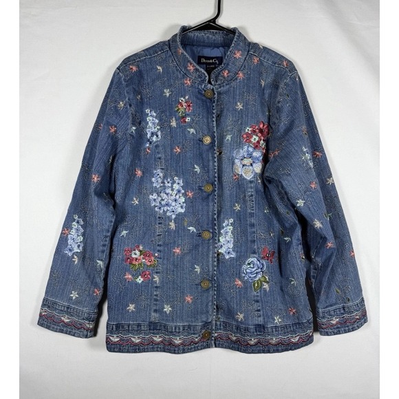 Jackets & Blazers - NWT Denim & Co. Jacket Women's XL Blue Denim Floral Embroidered Button Up QVC